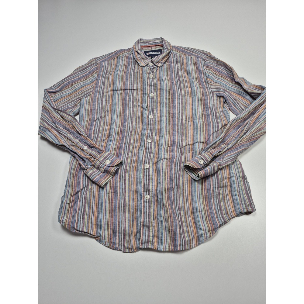 32 Bar Blues Shirt Mens M Multicolor Stripe Linen Button Up Long Sleeve Casual